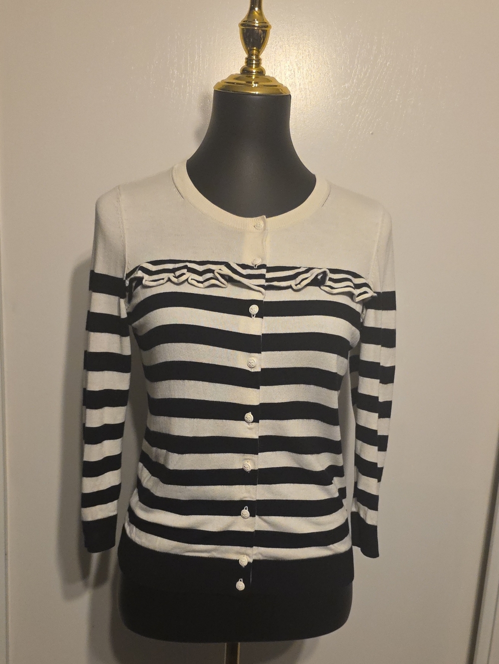 Talbots Black and White Striped Ruffle-Trim Button Cardigan